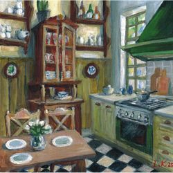 cozy european  vintage kitchen. original acrylic painting 8x8''