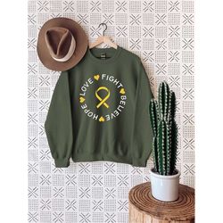 gold cancer love fight believe sweatshirt, pediatric cancer sweatshirt, childhood cancer, cancer survivor, child cancer