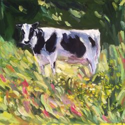Cow painting, Cow in the Field oil painting original art, Cow in the meadow painting