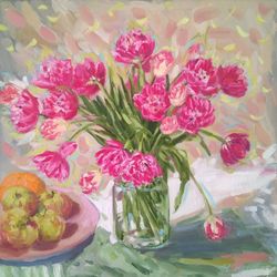 Tulips Still Life Painting, Flowers and Fruits Original Oil Painting on Canvas, Floral Still Life