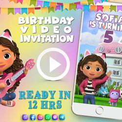 Gabby's dollhouse birthday video invitation for girl, animated kid's birthday party invite