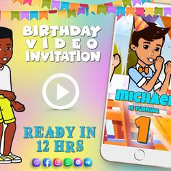 Gracie's corner birthday video invitation for boy, animated kid's birthday party invite
