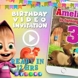Masha and the Bear birthday video invitation for baby girl, animated kid's birthday party invite
