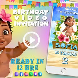 baby moana birthday video invitation for girl, animated kid's birthday party invite