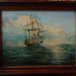 Original Oil Painting on Canvas Warship Seascape Artwork Landscape Bithday Gift Wall Decor