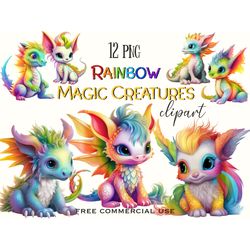 rainbow magic creatures clipart, fantasy mythical animals png, cute colorful artwork images bundle, free commercial use