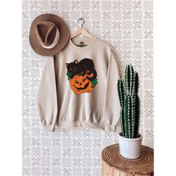 vintage black cat sweatshirt, halloween sweatshirt, pumpkin sweatshirt, trick or treat sweatshirt, halloween gifts