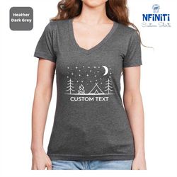 custom camping v-neck tee, custom text vneck shirt, your text camp v-neck, personalized camp text v neck shirts, nature