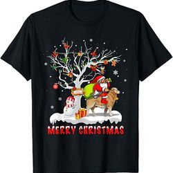 santa riding dog winter tree snow falling merry christmas t-shirt