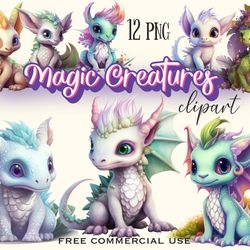 magic creatures clipart, fantasy mythical animal png bundle, fairy cute beings artwork images pack, free commercial use