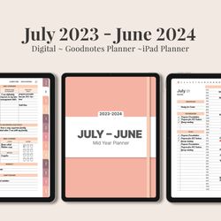 Minimalist Academic Mid Year Digital Planner for Goodnotes, July 2023 - June 2024, Daily, Weekly, and Monthly Planner,