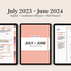 minimalist academic mid year digital planner for goodnotes, july 2023 - june 2024, daily, weekly, and monthly planner,