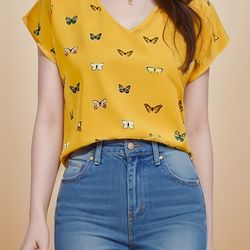 Butterfly Print Top Casual V Neck Short Sleeve T-shirt for Summer Women's Clothing