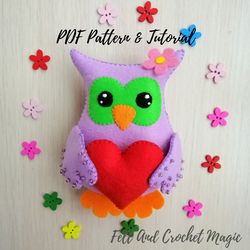 Owl sewing PATTERN, Felt owl Pattern, PDF Pattern, Animal ornaments, Woodland Animals, Stuffed Animal Pattern, Heart
