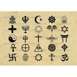 digital svg png religion icons, judaism, buddhism, jainism, hinduism, daoism, christianity, muslim, silhouette, vector,