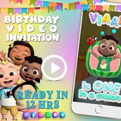 one in a melon - cocomelon birthday video invitation for boy or girl, jj, cody, cece animated kids birthday party invite