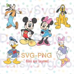 sensational 6 inspired characters -mickey mouse, minnie mouse, goofy, donald duck,daisy duck and pluto svg and png cut f