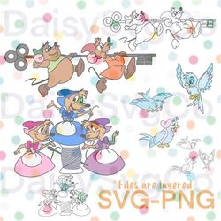 cinderella inspired mice, gus gus, jaq & mary, suzy and perla sewing, blue birds,svg, png, cricut, cut file