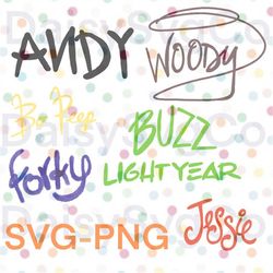 toy story inspired character autographs, woody, buzz, jessie, bo peep, forky, andy-png