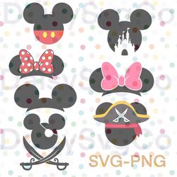 mouse ear inspired silhouettes, mickey ears with castle, minnie mouse ears and pirate mickeys bundle, svg & png