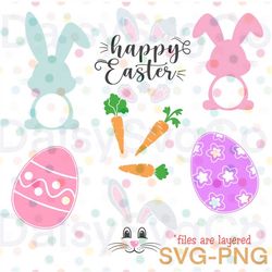 easter bundle with happy easter bunny, rabbit face, bunny silhouettes, easter eggs, and carrots svg and png file-cricut