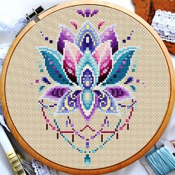 Mandala flower lotus cross stitch, Cross stitch pattern flowers, Rainbow cross stitch, Beginner cross stitching, Digital download PDF