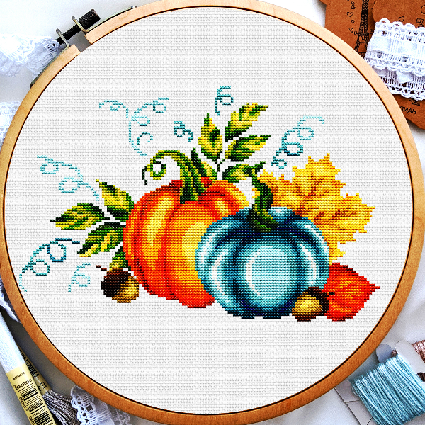 Autumn pumpkin cross stitch, Fall cross stitch, Autumn leaves and acorns cross stitch, Digital PDF.jpg