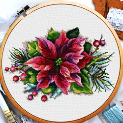 Christmas poinsettia cross stitch pattern, Winter flower bouquet cross stitch, Christmas tree cross stitch, Digital PDF