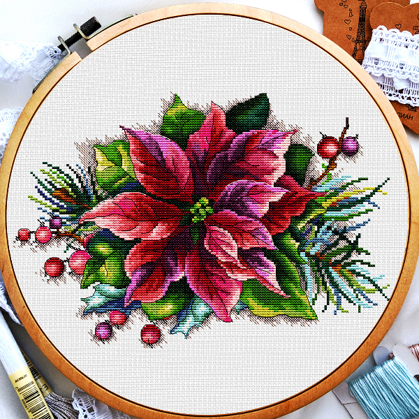 Christmas poinsettia cross stitch pattern, Winter flower bouquet cross stitch, Christmas tree cross stitch, Digital PDF.jpg
