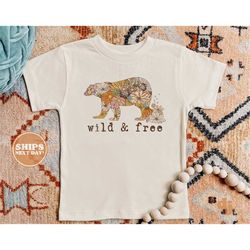 toddler t-shirt - wild and free floral bear kids retro tshirt - retro natural infant, toddler, youth & adult tee 5702