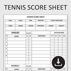 Printable Tennis Score Sheet, Tennis Match Scoring Tracker, Tennis Score Card, Tennis Scorekeeper Template