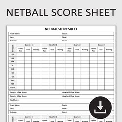Printable Netball Score Sheet, Netball Game Tracker, Netball Scoring Template, Team Score Record Log