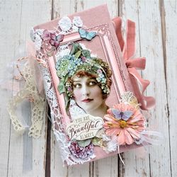 Garden junk journal for sale Lace flowers junk book handmade Romantic woman thick journal completed pink french