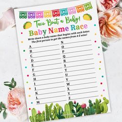 Baby Name Race Taco Baby Shower Game, Taco Bout Baby Shower Baby ABC Name Game, Taco Bout a Baby Shower Name Race Game