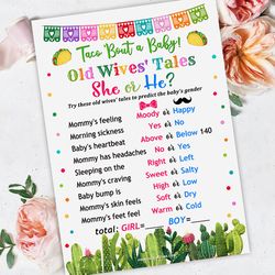 Old Wives Tales Taco Baby Shower Game, Taco Bout Baby Shower Old Wives Tales Game, Taco Bout a Baby Gender Reveal Game