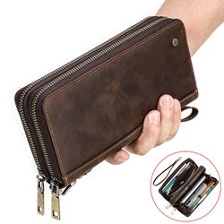 Contact'S Genuine Leather Men's Wallet Clutch Bag Card Holder Long Wallets Double Zipper Large Capacity Vintage Male