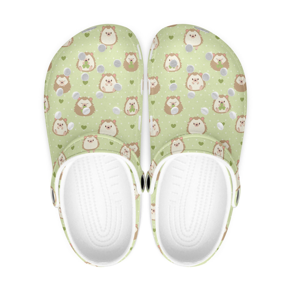 Cute hedgehog with shamrock clogs Crocs, green forest animals clogs, funny slippers, hole slippers beach shoes.jpg