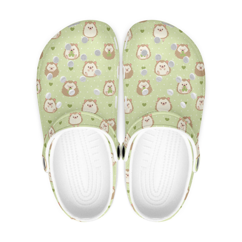Cute hedgehog with shamrock clogs Crocs, green forest animals clogs, funny slippers, hole slippers beach shoes.jpg