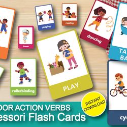5 Indoor Action Verbs Flash Cards - Editable Montessori Cards