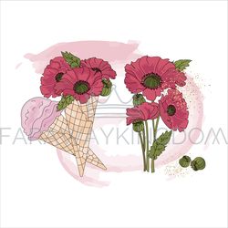 poppy ice cream sweet floral bouquet vector illustration set