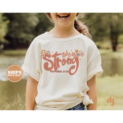 kids easter shirt - she is strong kids retro tshirt - easter retro natural infant, toddler & youth tee 5548