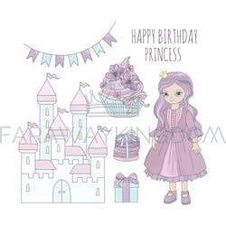 princess birthday stands near castle vector illustration set
