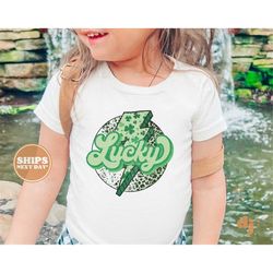 kids st. patrick's day shirt - lucky clover thunderbolt kids retro tshirt - st. patricks day retro natural infant, toddl