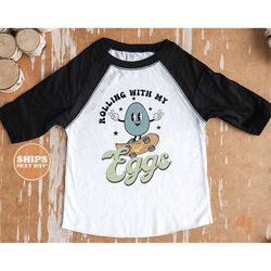 kids easter shirt - rolling with my eggs kids retro tshirt - easter retro natural infant, toddler & youth tee 5525
