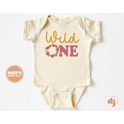 wild one 1st birthday onesie -  1st birthday girls birthday bodysuit - flower wreath birthday natural onesie & tee 5517