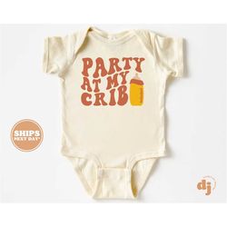 Baby Onesie - Party at My Crib Bodysuit - Cute Funny Baby Boy & Girl Retro Natural Onesie 5470-C