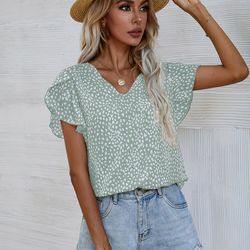 Leopard Print Blouse Casual Petal Sleeve Blouse For Summer Women's Clothing