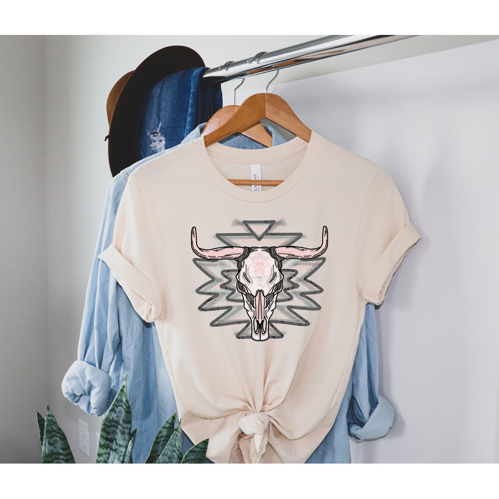 Boho Cow Skull Shirt, Wild west Shirt, Western Graphic Cowgirl Shirt, Aztec Bull Skull Shirt, Southwest Shirt, Western Gift, Rodeo Shirt - 1.jpg