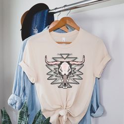 boho cow skull shirt, wild west shirt, western graphic cowgirl shirt, aztec bull skull shirt, southwest shirt, western g