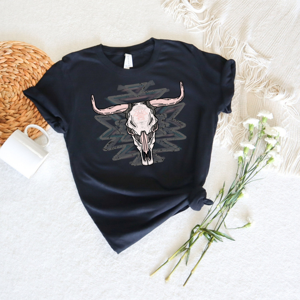 Boho Cow Skull Shirt, Wild west Shirt, Western Graphic Cowgirl Shirt, Aztec Bull Skull Shirt, Southwest Shirt, Western Gift, Rodeo Shirt - 2.jpg